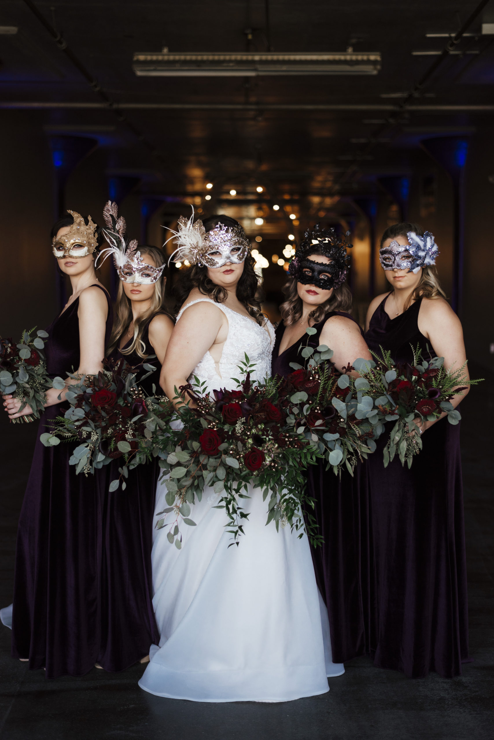 Halloween Wedding Bridal party in velvet eggplant dresses