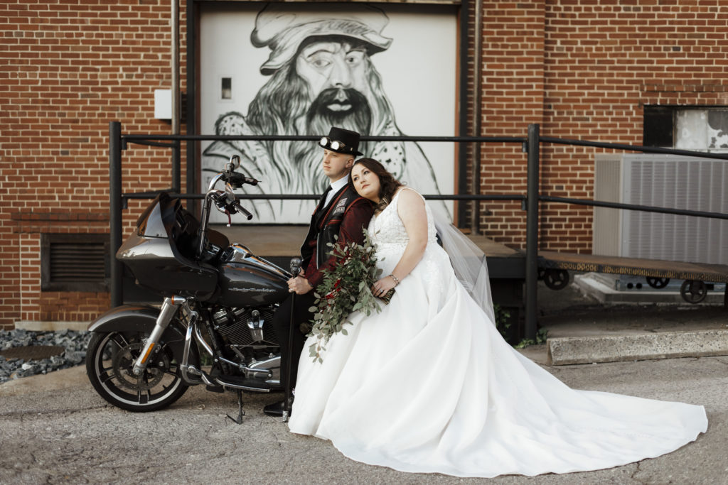 Bride and Groom on Motorcycle with Fall Wedding Bouquet
