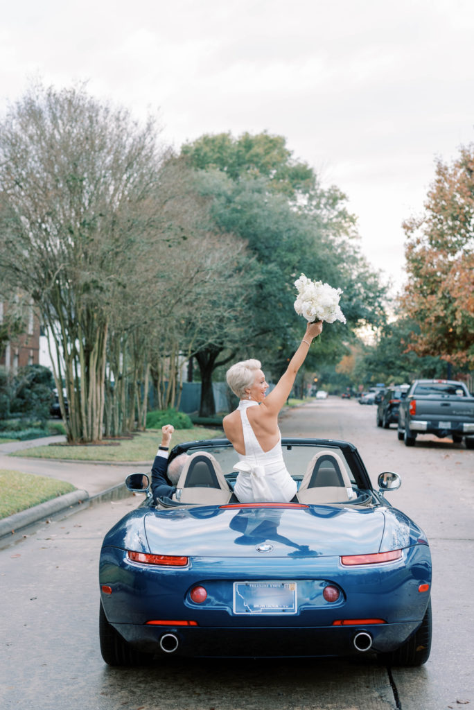 Getaway car bride and groom