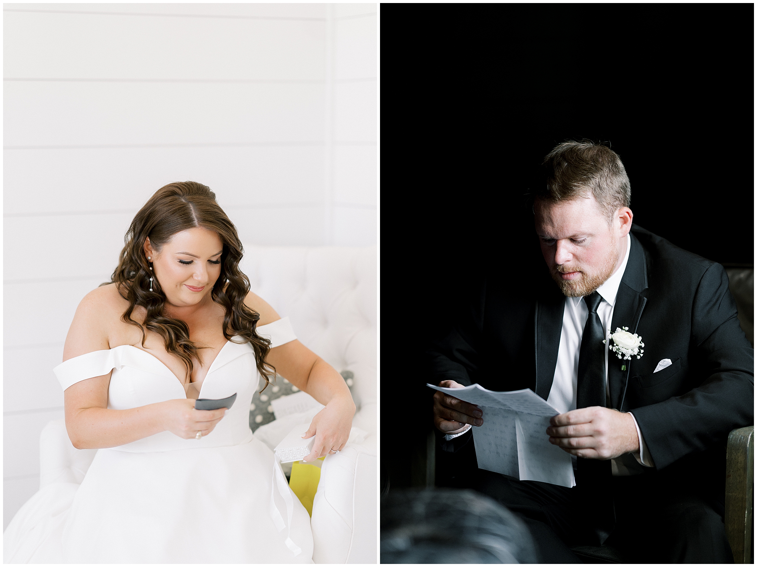 bride and groom reading cards